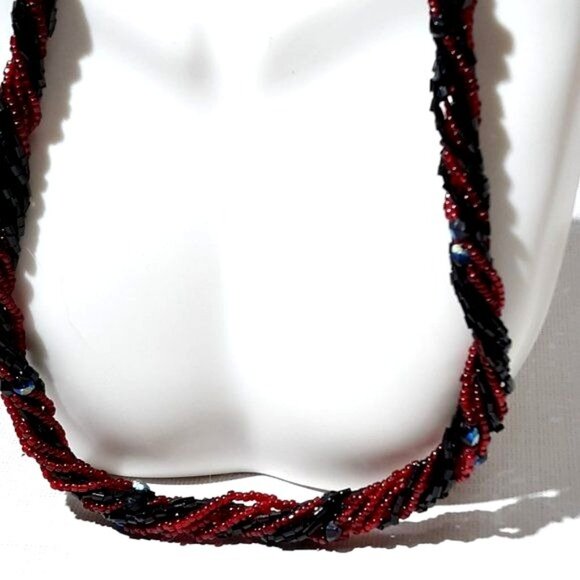 Black Red Seed Bead Necklace 8 Multi Strand Festival Classic - Picture 5 of 8